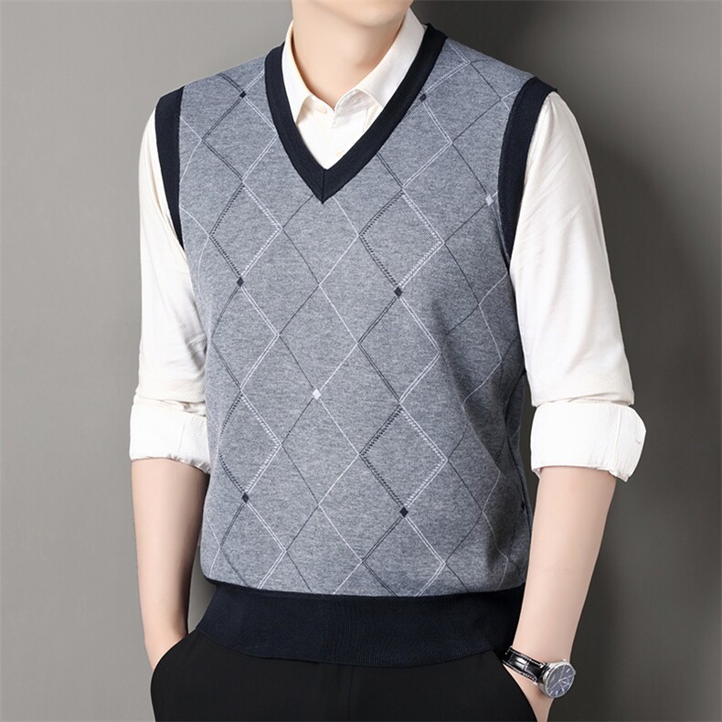 秋冬季加绒休闲爸爸装格子马甲套头宽松中老年款坎肩毛衣背心M25，男装针织衫/毛衣，星座1706