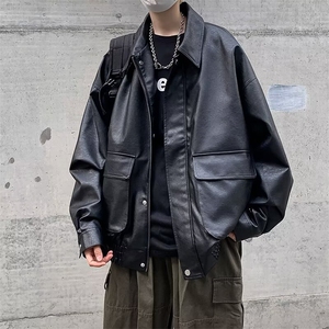 工装PU皮夹克男士炸街翻领暗黑系机车皮衣褂子外套PU906