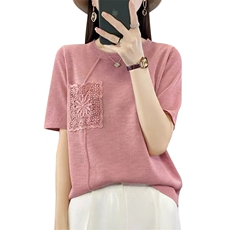 短袖T恤女士2025新款夏季高级感重工上衣宽松大码女装冰丝针织衫，女装针织衫/毛衣，萱芳婷羊绒