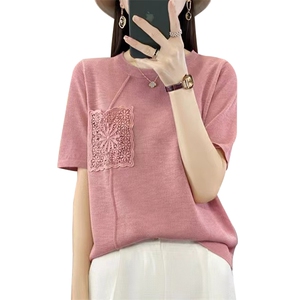短袖T恤女士2025新款夏季高级感重工上衣宽松大码女装冰丝针织衫图片