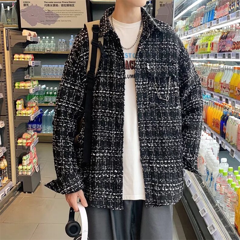 小香风格子长袖衬衫男宽松潮流衬衣毛呢外套衬衫CS30-P50,男装夹克,星座308B-1