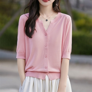 夏季新款莱赛尔天丝短袖针织衫女薄款五分袖法式开衫羊毛外套上衣图片