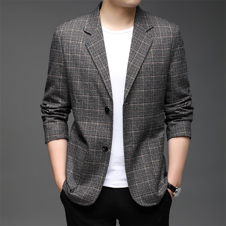 春季新款男士2022休闲时尚格子西服外套男装商务单西中青年西装图片
