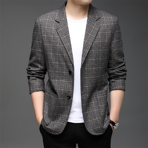 春季新款男士2022休闲时尚格子西服外套男装商务单西中青年西装图片