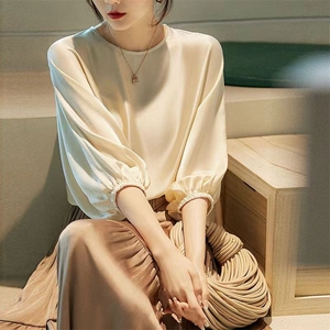 高级感真丝衬衫上衣女九分袖通勤夏季松紧蝙蝠袖套头桑蚕丝小衫图片