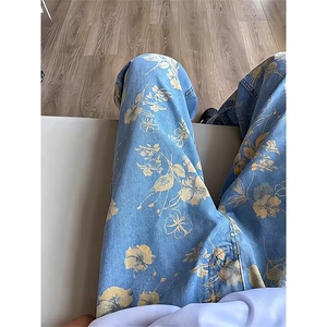 重工满印花卉图案牛仔裤宽松阔腿裤牛仔裤1001-1-FA486-P52,男浅棕色靴子怎么搭配图片