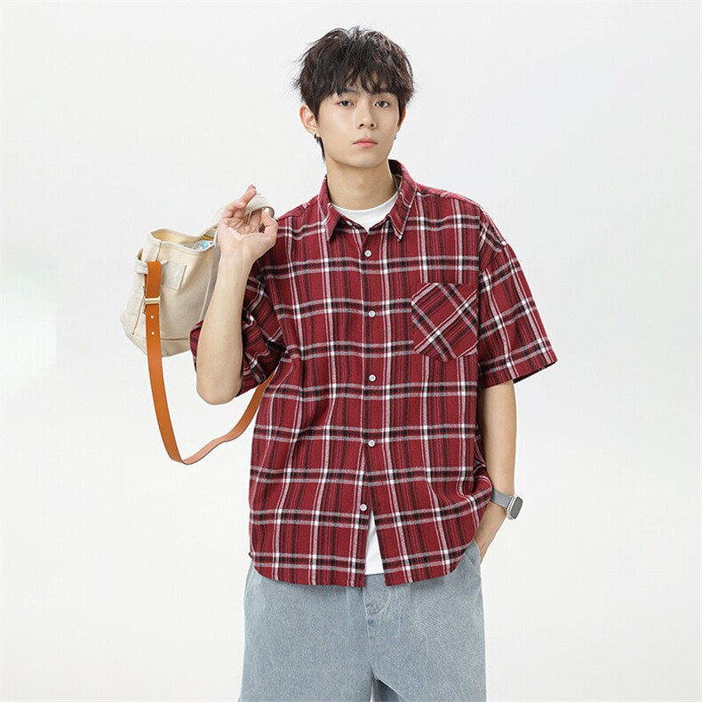 夏季韩版潮流复古格子短袖衬衫翻领帅气衬衣DSA157B-CS4233-P38,男装T恤,电商A157B