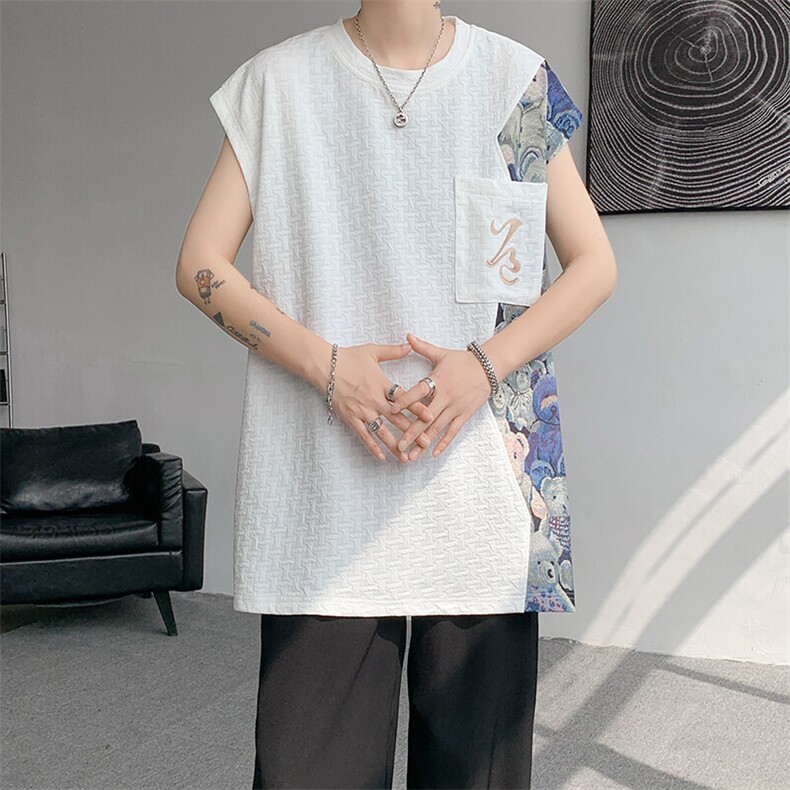 现货DSA059-T10037-P32夏季新款撞色拼接小熊大码无袖T恤,男装T恤,电商A059