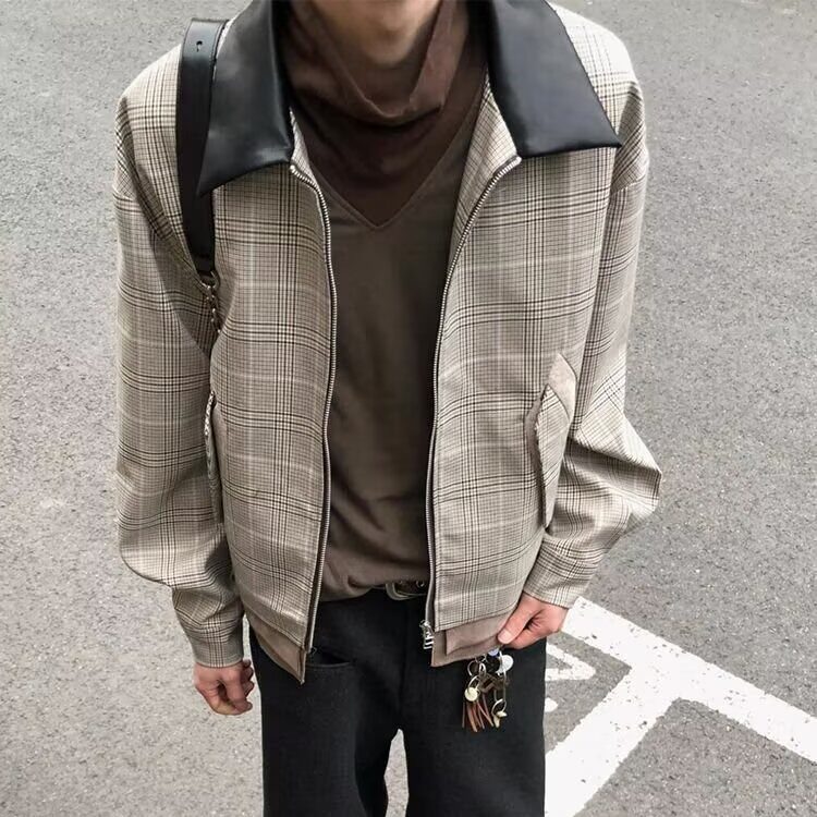 现货DW706-特批65复古老钱棕千鸟格哈灵顿夹克男外套图片