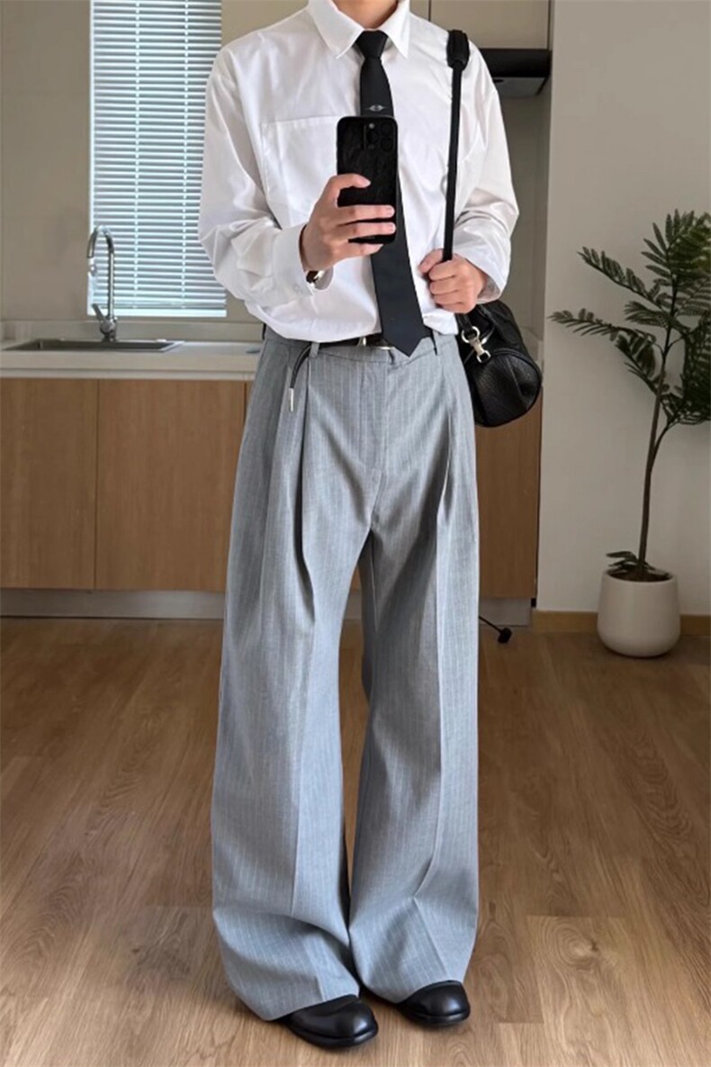 浅灰色好莱坞a字西裤老钱风双褶条纹裤子直筒微喇裤KZ9872P60,男装西裤,星座908-1