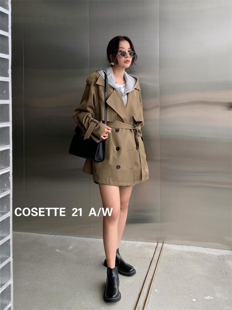 【现货】韩版带帽假两件短款风衣外套，女装风衣，cosette(4F)