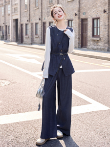 现货老钱风气质时髦马甲套装女2026春季休闲长袖t恤阔腿裤三件套图片