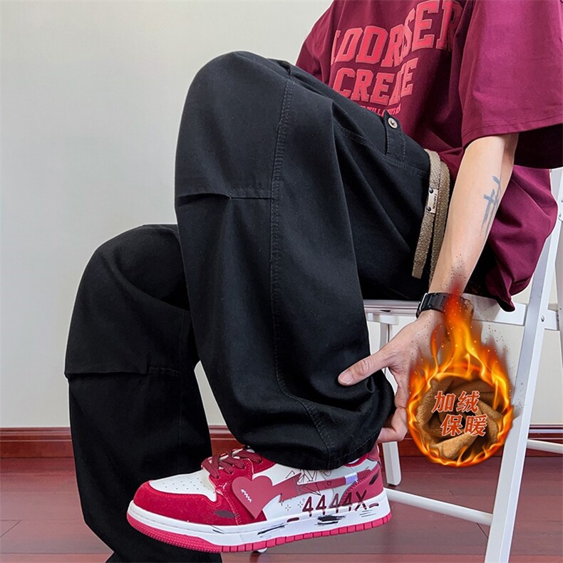秋冬加绒加厚保暖牛仔裤休闲潮流大码时尚加绒宽松抽绳牛仔裤图片