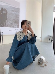 蕾丝花边领子连衣长裙图片