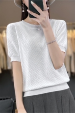 圆领100%纯棉针织短袖T恤女圆领纯色提花半袖上衣宽松棉麻打底衫，女装针织衫/毛衣，斯美雅电商供货