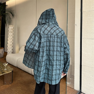 夏季新款轻薄连帽防晒衬衫潮流慵懒风休闲格子防晒衣图片