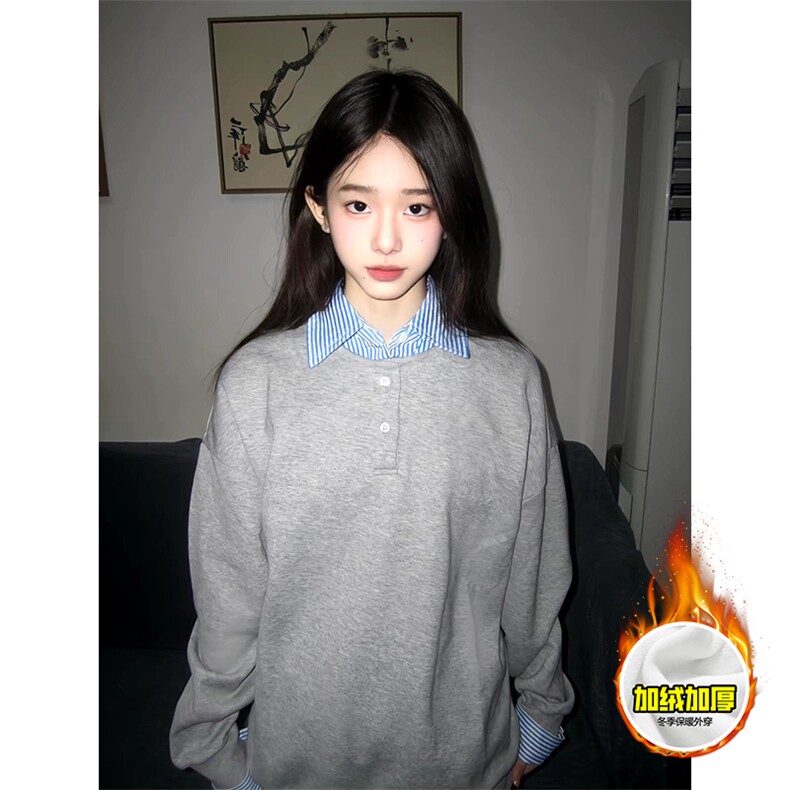 重磅加绒硬挺boxy男女美式高街假两件衬衫领长袖卫衣POLO领打底衫图片