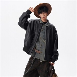 抖音得物高品质美式高街复古老钱风PU皮夹克外套男女短款机车皮衣图片