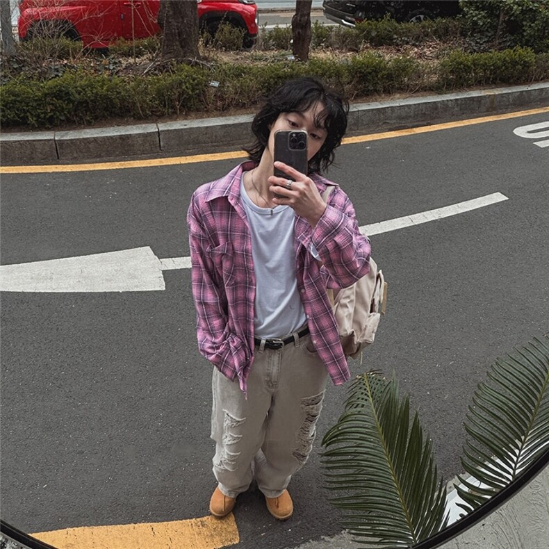 美式格纹长袖衬衫男女夏季宽松多巴胺情侣衬衣休闲防晒外套931P50,男装防晒衣,星座710