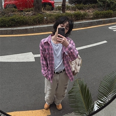 美式格纹长袖衬衫男女夏季宽松多巴胺情侣衬衣休闲防晒外套931P50，男装防晒衣，星座710
