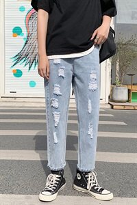 破洞牛仔裤男韩版九分裤bf港风宽松直筒乞丐裤图片