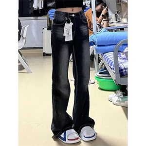 黑灰色微喇叭牛仔裤女冬季新款美式复古高腰紧身显瘦直筒马蹄裤子图片
