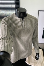 潮流竖条纹老钱风纹理感亨利领宽松长袖T恤男T24529-特P33控65，男装T恤，电商A001-1