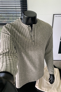 潮流竖条纹老钱风纹理感亨利领宽松长袖T恤男T24529-特P33控65图片