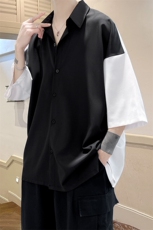 现货夏季禁欲风短剧拼接男士撞色短衬衫A071-C12-P35，男装衬衫，电商A071