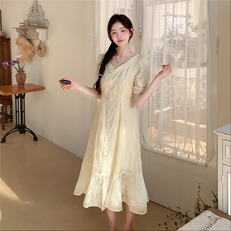 夏季新品！蕾丝花边刺绣度假风连衣裙85120黄-208A-P145-K255,女装连衣裙,浙宝208A