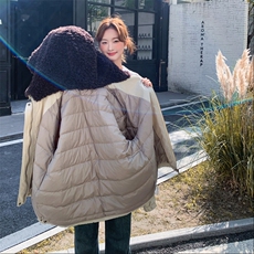 羊羔毛大翻领连帽工装派克服女中长款2025冬季90白鸭绒加厚羽绒服，女装羽绒服，2C159