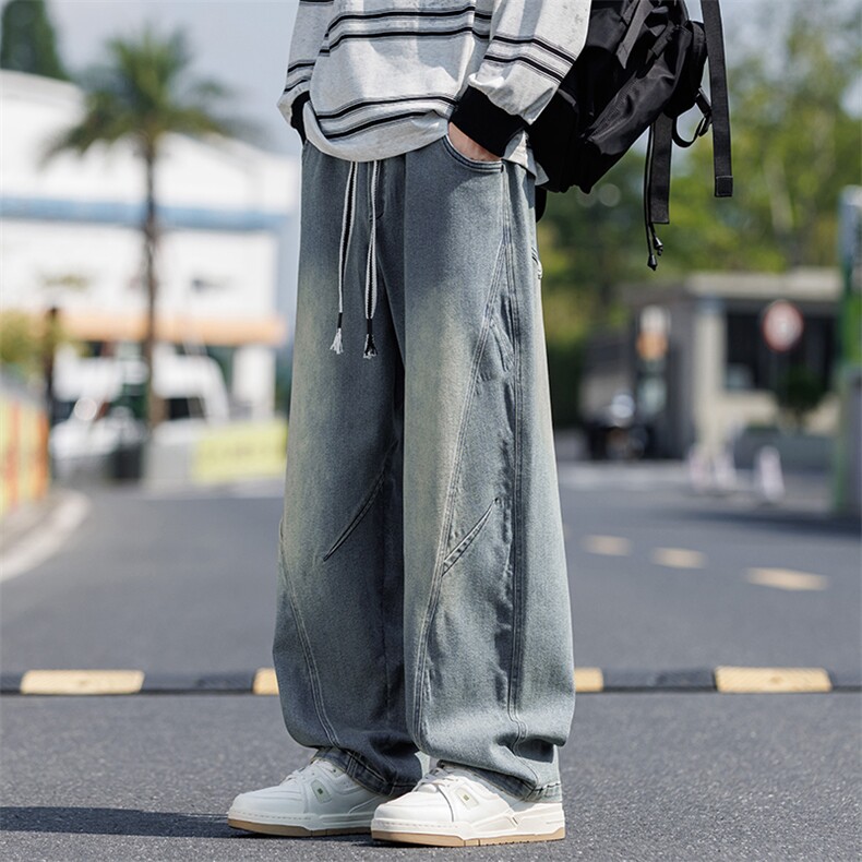 胖胖哥美式高街做旧牛仔裤男款秋季宽松大码直筒裤子弯刀阔腿男裤图片