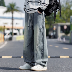 胖胖哥美式高街做旧牛仔裤男款秋季宽松大码直筒裤子弯刀阔腿男裤图片