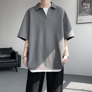 8XL-M假两件V领短袖t恤男夏翻领半袖宽松重磅华夫格大码DT001P40图片
