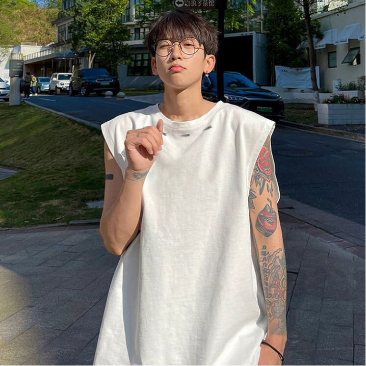 200G纯棉100%棉美式运动背心男夏季外穿无袖T恤坎肩W657P32官图，男装背心/马甲，电商B245