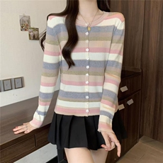 2025秋冬百搭时尚简约三色彩虹开衫针织衫，女装针织衫/毛衣，沐策羊绒