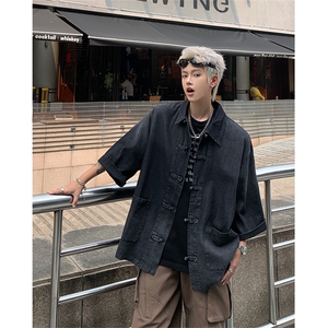 F344-P68 夏季新中式潮牛仔外套男复古宽松水洗做旧衬图片