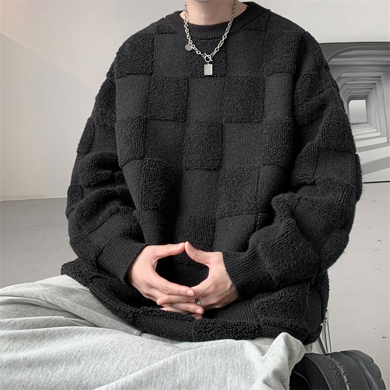 棋盘格圆领毛衣男款冬季加厚潮牌设计感软糯慵懒风宽松休闲针织衫,男装针织衫/毛衣,电商D206-1