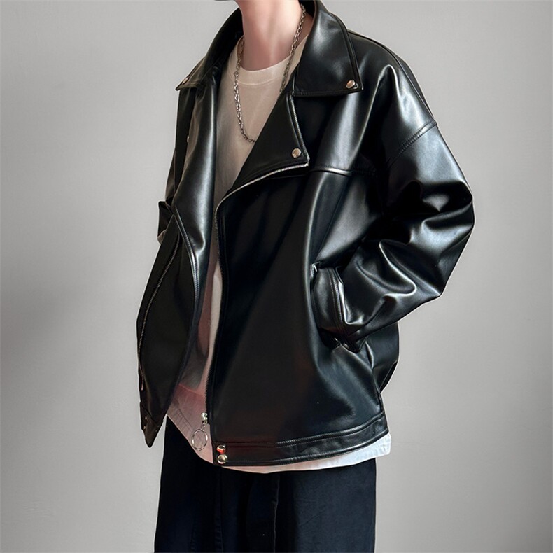 现货-春装皮衣外套男翻领休闲皮夹克潮牌PU机车服A506P90加绒100,男装夹克,电商A351