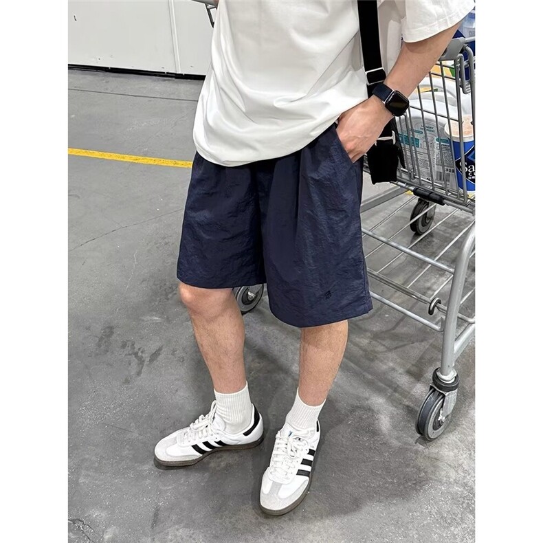 藏青色速干短裤男款夏季美式运动冰丝裤子暗物质休闲宽松四五分裤图片