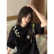 美式高街刺绣花卉短袖t恤夏季新款宽松小众设计感半袖上衣TX67，男装T恤，星座1116A（原606A-3）