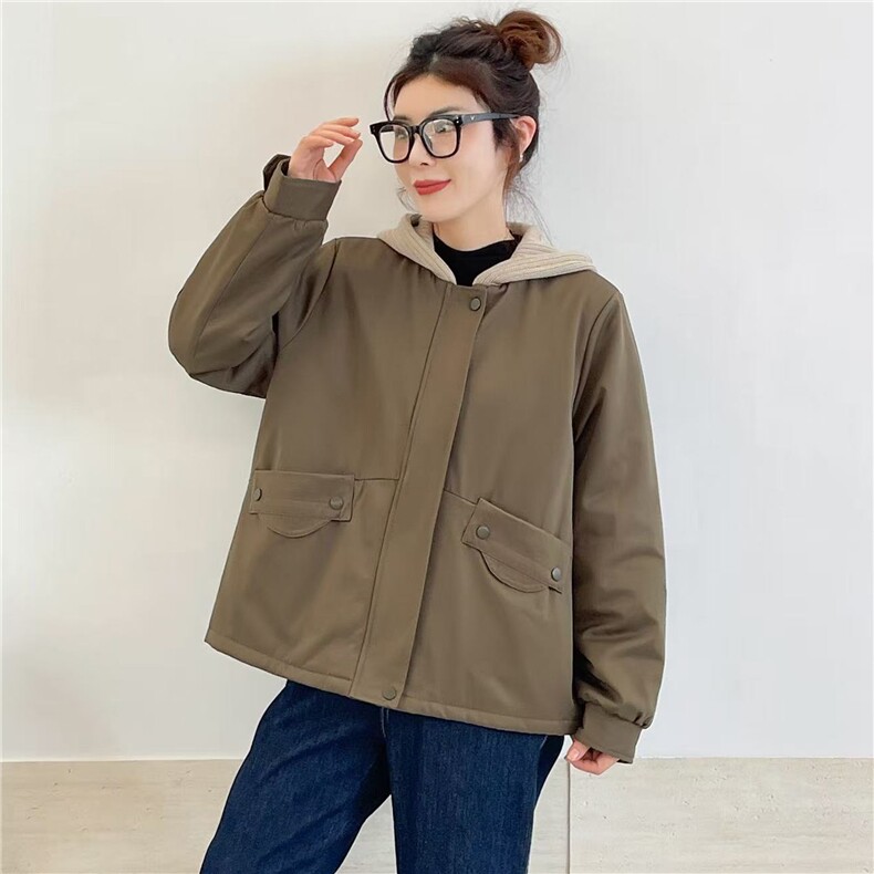 冬季加绒派克服棉衣女2025新款小个子针织连帽休闲工装棉衣外套，女装棉衣/棉服，江忆布依