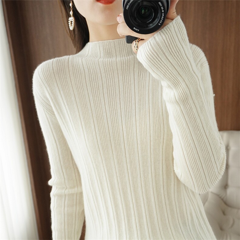 时尚百搭女士羊毛衫半高领坑条竖纹设计显瘦保暖羊毛，女装羊毛衫，开创羊绒
