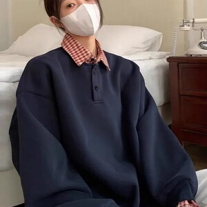 假两件格子拼接polo领卫衣女春秋季新款宽松薄款翻领上衣外套图片