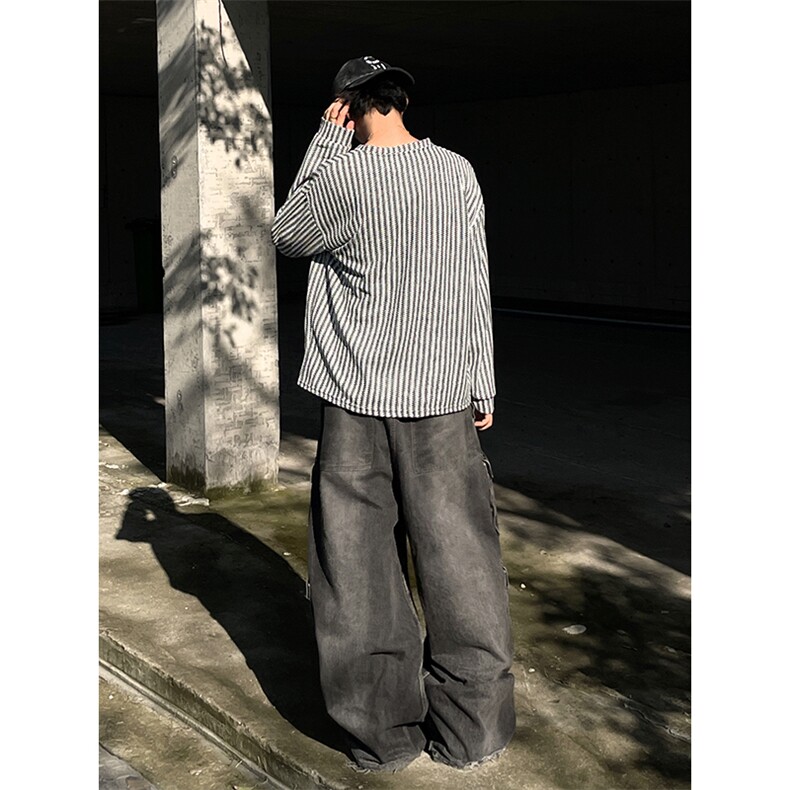 美式高街千鸟格子长袖T恤男女亨利V领英伦雅痞休闲宽松长袖打底衫,男装T恤,电商A443