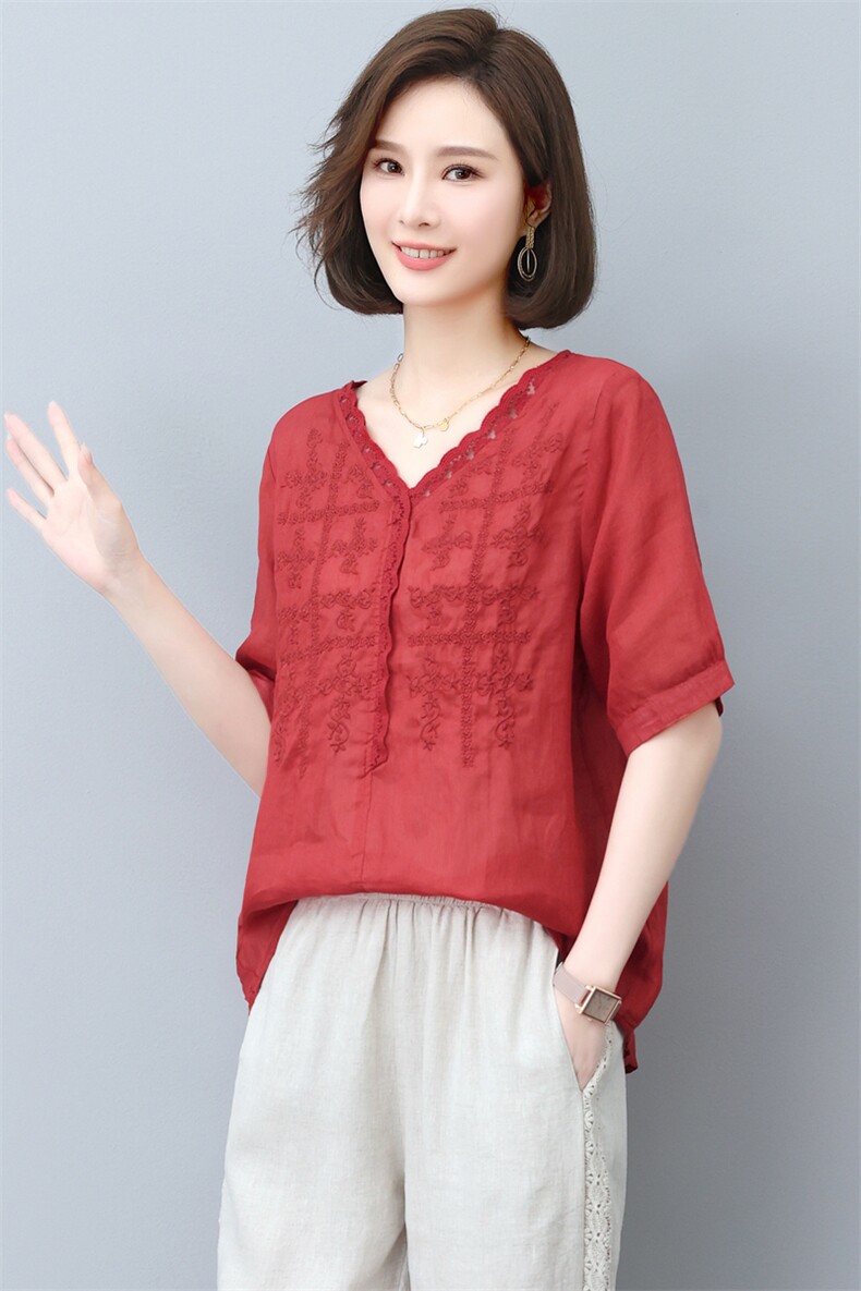 新款2026年夏季纯100苎麻刺绣上衣女中老年妈装妈妈装五分袖T恤衫,女装T恤,璐依舞