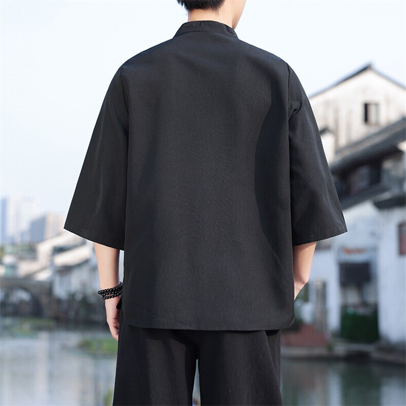 2025新款夏季风纯色立领上衣盘扣休闲T恤宽松潮流男T2505-P45,男装T恤,电商A008