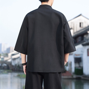 2025新款夏季风纯色立领上衣盘扣休闲T恤宽松潮流男T2505-P45图片