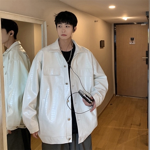 港风工装皮衣男中性休闲宽松潮流夹克男士外套男JK7757P90控图片