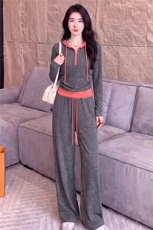 女春秋新款韩版气质显瘦设计感撞色拼接连帽长袖上衣直筒裤两件套，女装套装/套裙，江南